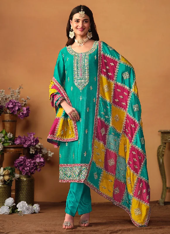 Teal Blue Multi Embroidery Traditional Pant Suit Off-shoulder Gown