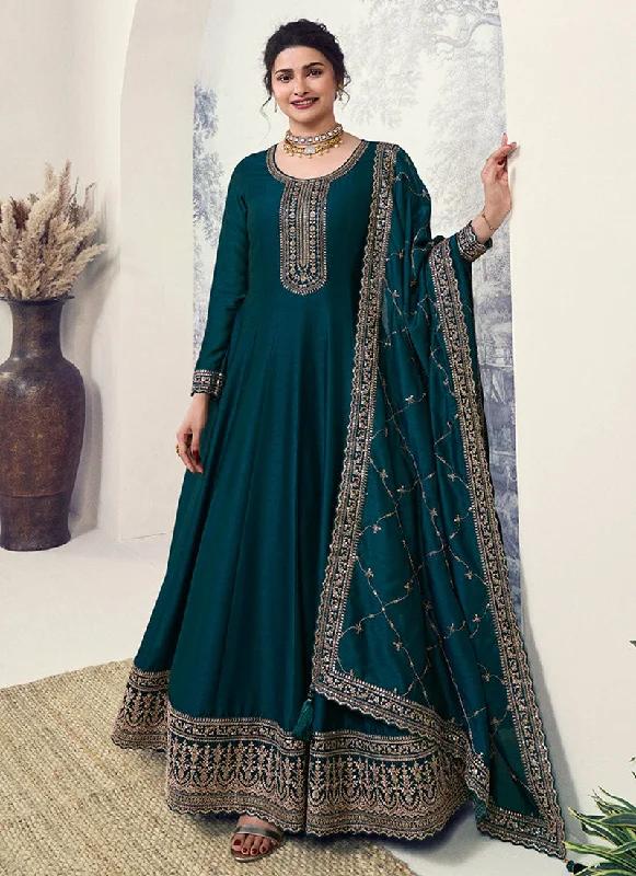 Turquoise Reshamkari Embroidery Wedding Anarkali Suit Princess Bridal Dress