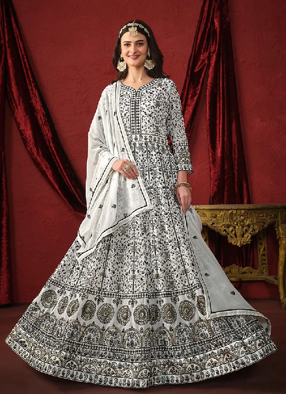 White Thread Embroidery Designer Anarkali Suit Lace Train Dress
