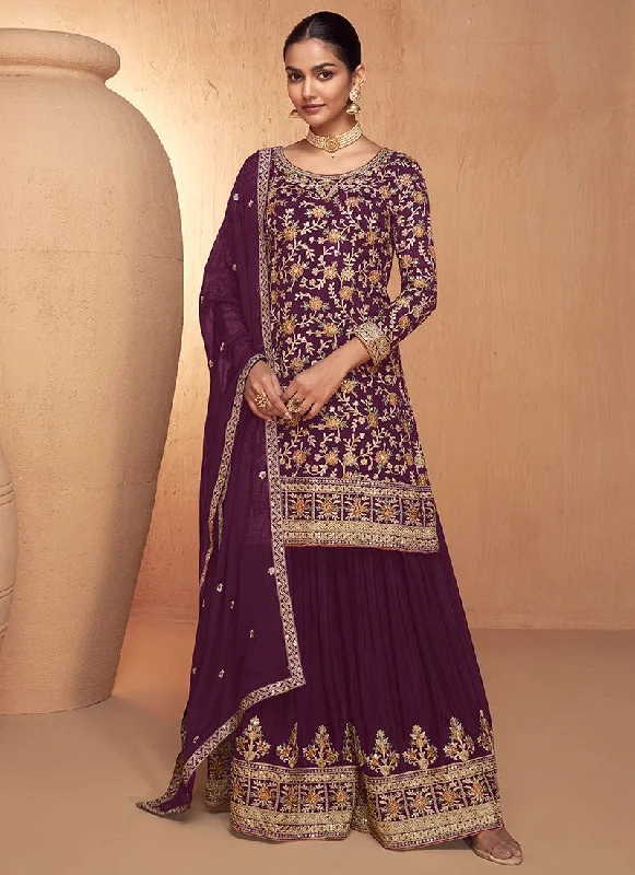 Wine Multi Embroidery Gharara Style Palazzo Suit Sexy Lace Gown