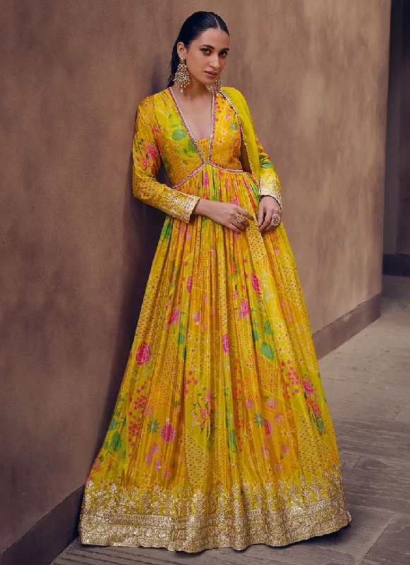 Yellow Multi Digital Printed Sequence Embroidered Anarkali Gown Wedding Gown Set