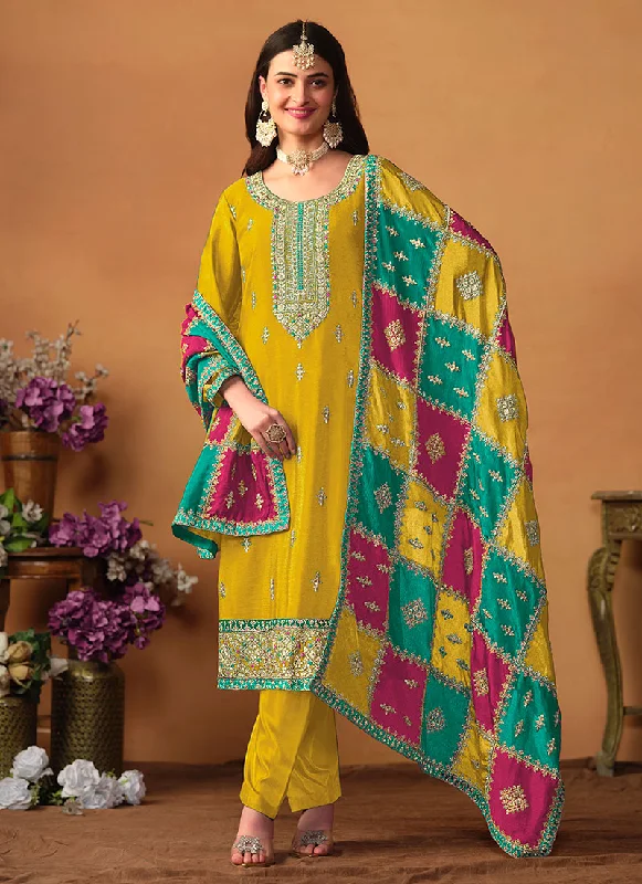 Yellow Multi Embroidery Traditional Pant Suit Beaded Wedding Gown