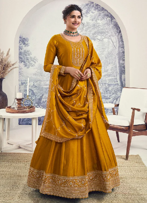 Yellow Reshamkari Embroidery Wedding Anarkali Suit Ruffled Wedding Dress