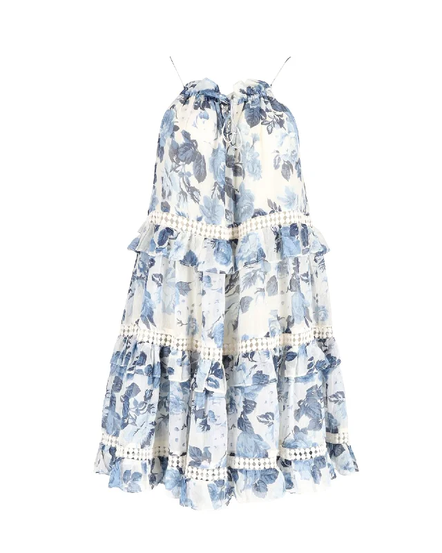 Zimmermann Tiered Sleeveless Dress in Blue Floral Print Silk Retro floral dresses