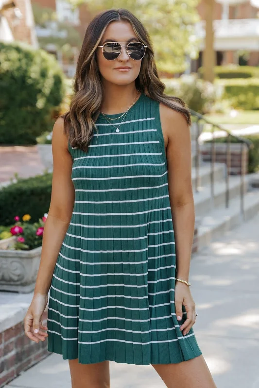 Green Stripe Pleated Mini Dress--Mini Skirt Chic