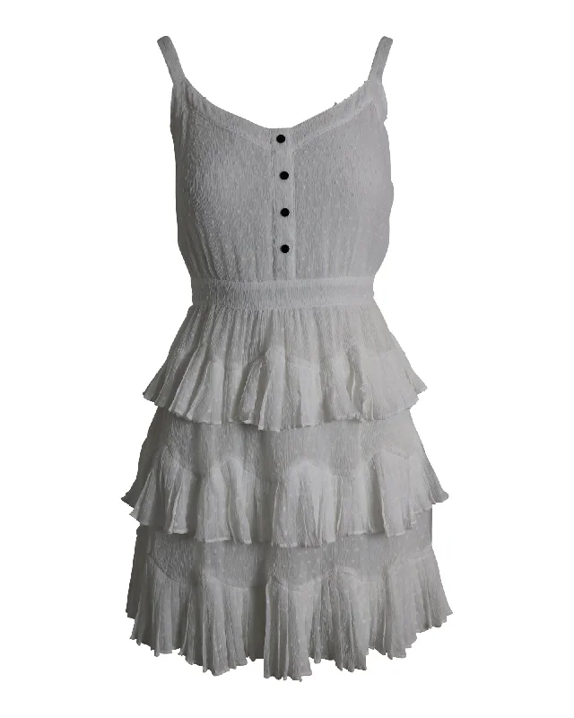 Maje Sleeveless Tiered Mini Dress in White Polyester--Faded Denim Skirt