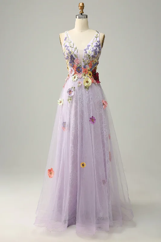Lavender A-Line Deep V Neck Long Prom Dress With Appliques,DP1125 Front Slit Skirt