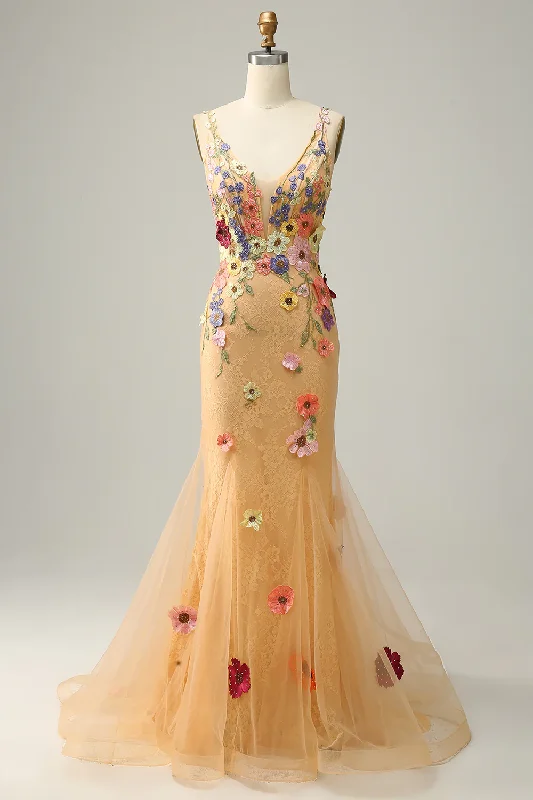 Champagne Mermaid Deep V Neck Long Prom Dress With Appliques,DP1127 Layered Maxi Skirt