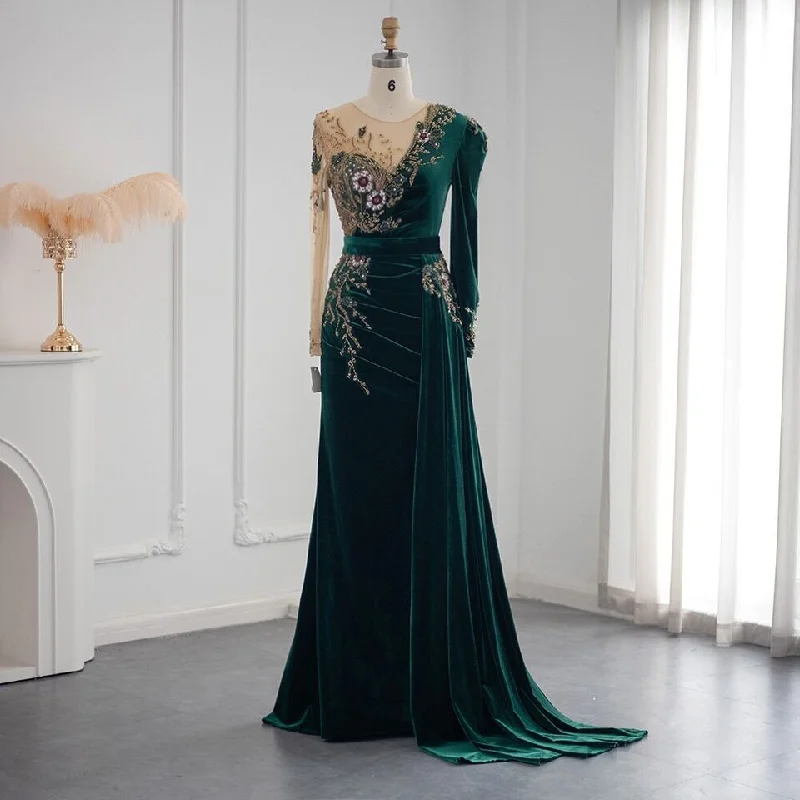 Dark Green Long Sleeves Jewel Mermaid Evening Dresses Prom Gowns With Ruffles,DP1116 Embellished Maxi Skirt