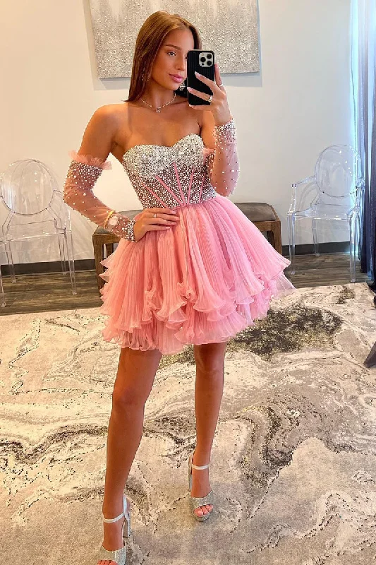 A Line Sweetheart Beads Pink Long Sleeves Cute Homecoming Dress QH2502 Colorful Maxi Skirt