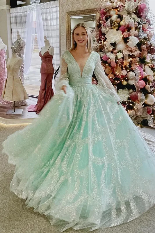 Dusty Sage Plunging V Neck Illusion Sleeves Beaded Long Prom Dress,DP1173 Maxi Skirt Trend