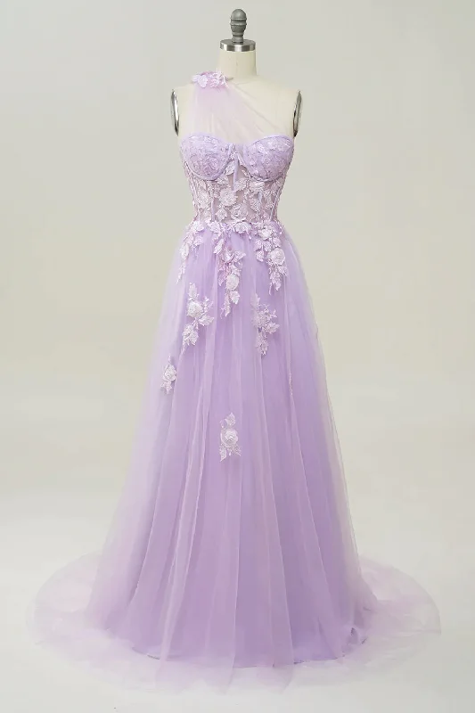 Lilac Elegant A-Line One Shoulder Long Prom Dress With Appliques,DP1147 Maxi Skirt Classic