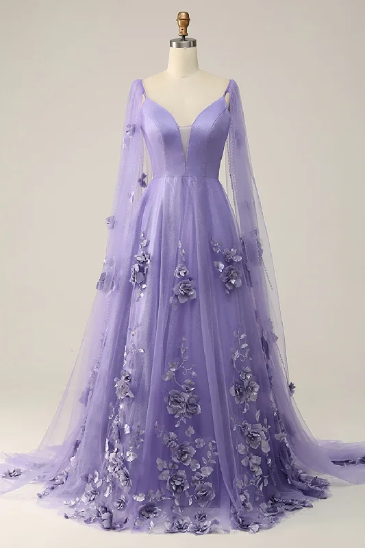 Purple Cape Sleeves Long Prom Dress With 3d Flowers,DP1143 Maxi Skirt Casual