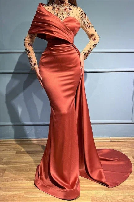 Elegant Russet Long Sleeves Satin Prom Dress with Ruffles,DP1108 Ruffle Long Maxi