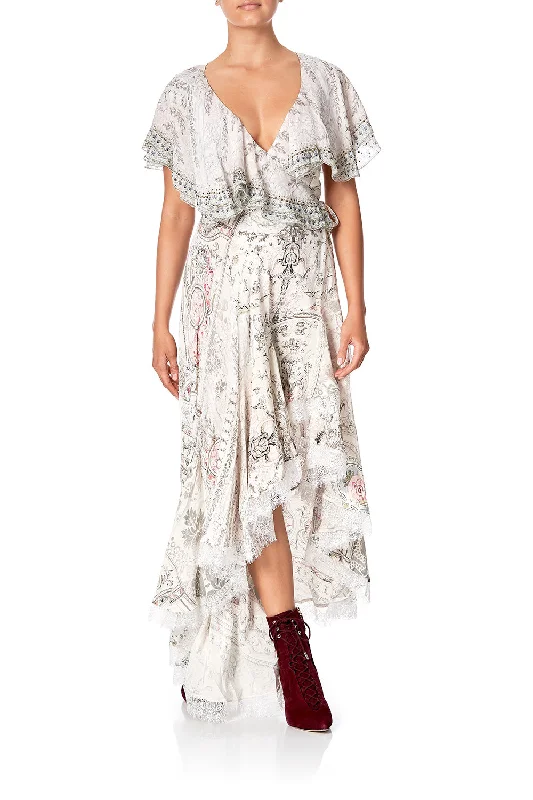 FRILL SLEEVE LONG DRESS CRYSTAL CASTLE Front Pocket Maxi