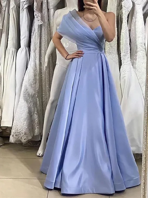 Lavender One Shoulder A-Line Satin Long Prom Dress,DP1136 Soft Ruffled Maxi