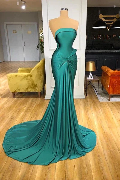 Glamorous Green Strapless Mermaid Long Prom Dress With Train,DP1115 Pleated Floral Maxi