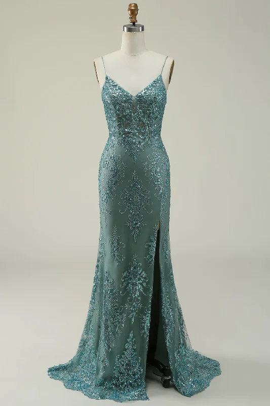Green V Neck Spaghetti Straps Long Prom Dress With Split Front,DP1128 Fitted Maxi Skirt