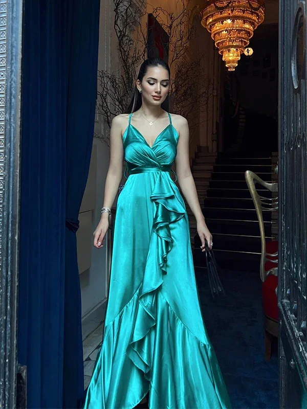Elegant Green Spaghetti Straps V-neck A-line Long Prom Dresses,DP1142 Summer Floral Maxi
