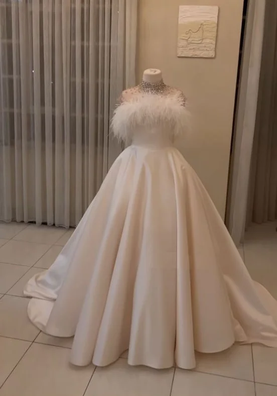 Ivory High Neck Beading Satin Long Prom Dress with Feather,DP1137 Maxi Skirt Trendy