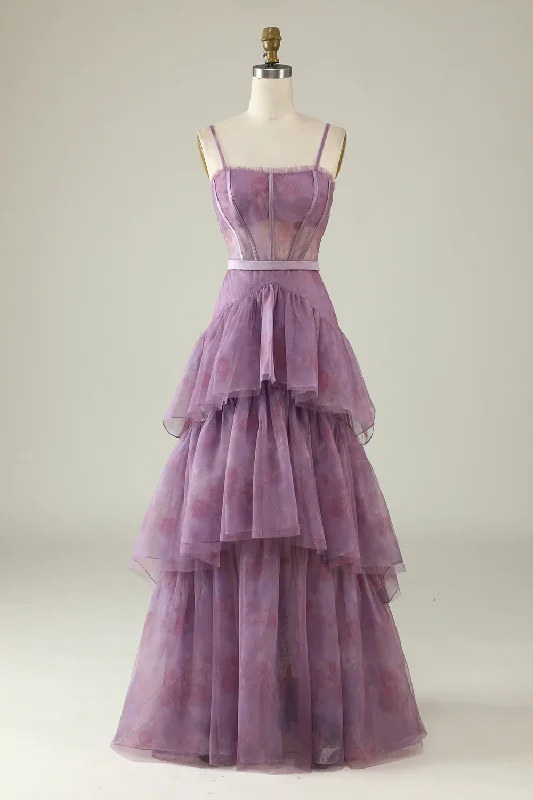 Purple Printed A-Line Layered Corset Long Prom Dress,DP1129 Tulle Layered Maxi