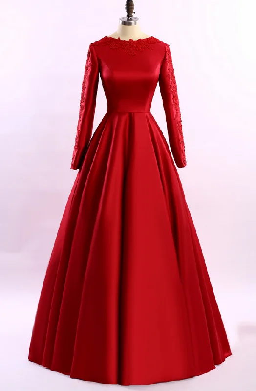 Simple Red Long Sleeves A-Line Long Evening Dress Formal Dress,DP1131 Maxi Skirt Collection
