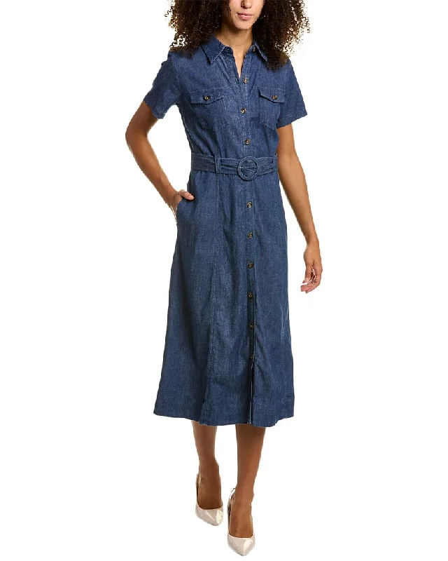 Anne Klein Stretch Denim Belted Midi Dress Lace Trim Midi